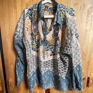JOHNNY WAS Silk Lotus Mandala Blouse Floral Asian Geometric Shirt Flowy S